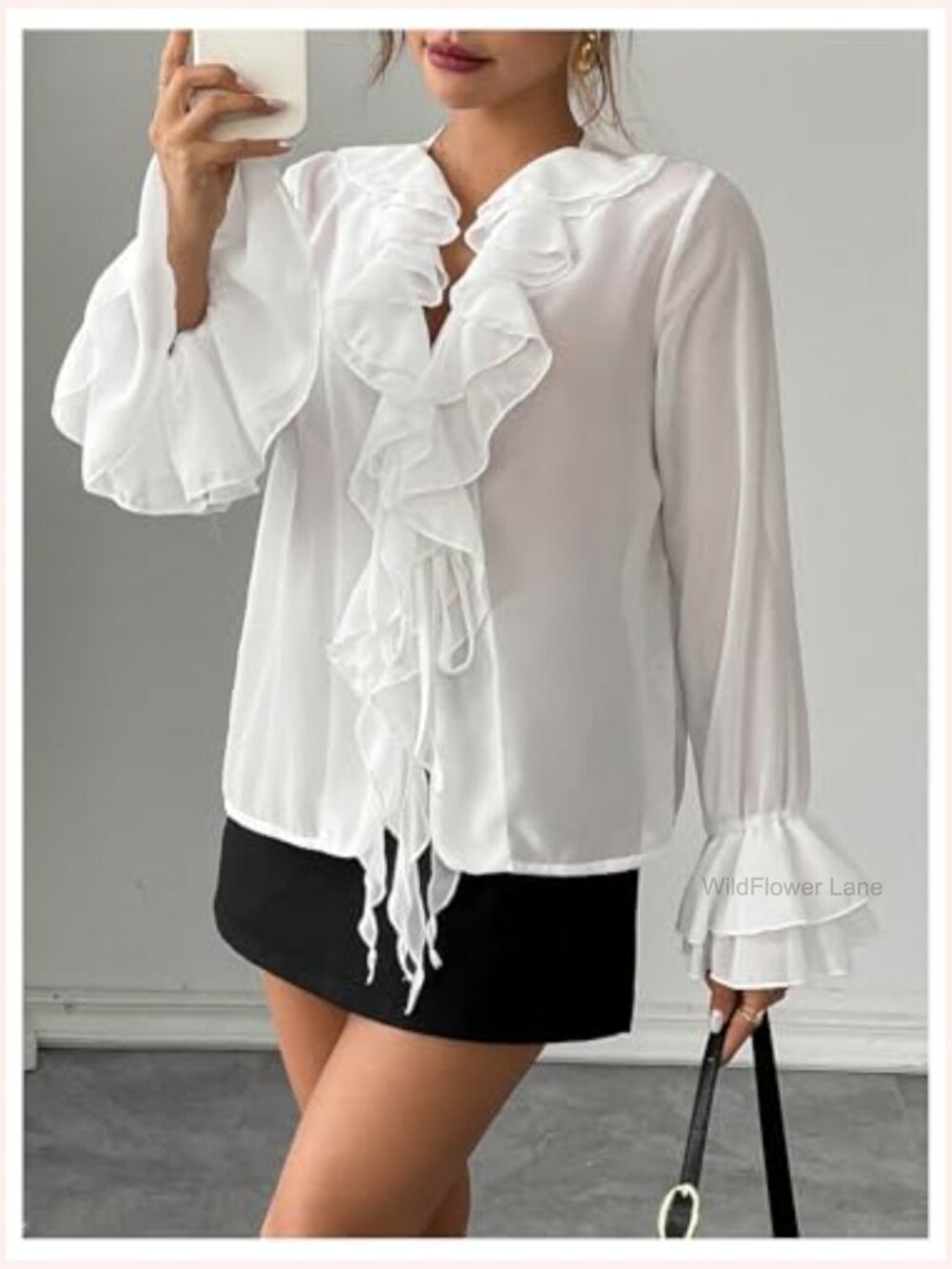 Long Sleeve V Neck Ruffle Blouse Chiffon Layered Going Out Top - Picture 2 of 5